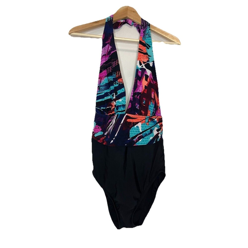 Aqua Green Women's Large 12/14 One Piece Swim Suit Halter Purple Black NWT